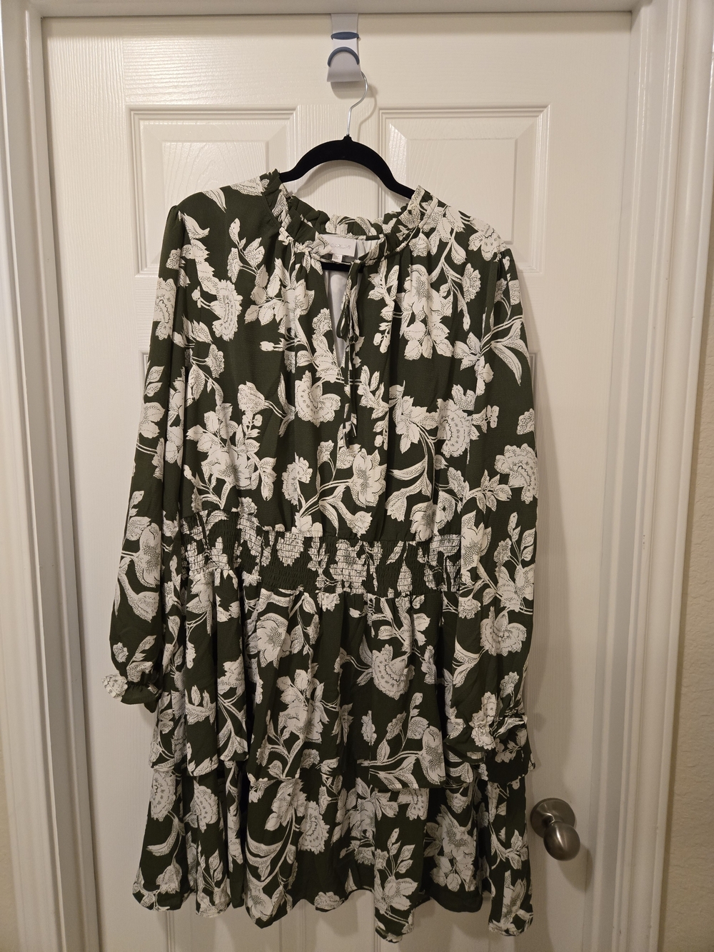 Sugarlips Olive & White Floral Tiered Long Sleeve Dress